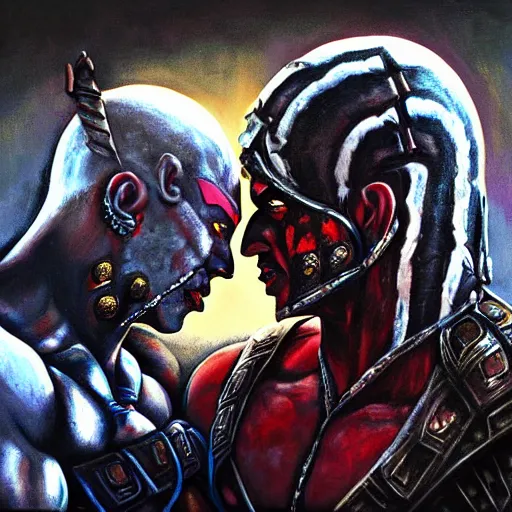 Prompt: kotal khan and quan chi from mortal kombat kissing, love wins, beautiful oil painting