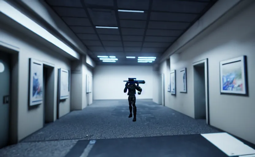 Image similar to screenshot of a first person shooter game on unreal engine 5, narrow modern hallways of a government office facility with white dry wall, female hands painted nails holding shotgun, photorealistic, retrofuturism, concept art, trending on artstation