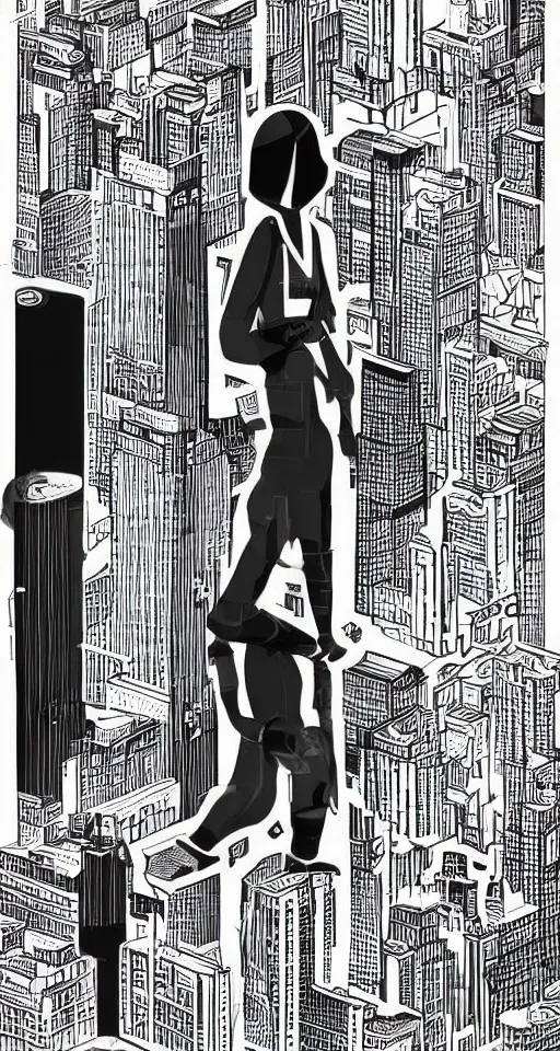 Image similar to cypherpunk full body fashion illustration of the void, camera face, black and white, city street background with high tall buildings, central park, diane arbus, abstract portrait highly detailed, finely detailed