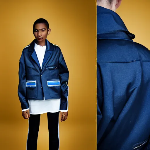 Image similar to realistic photoshooting for a new raf simons lookbook color film photography portrait of a beautiful woman model wearing a workwear jacket, photo in style of tyler mitchell