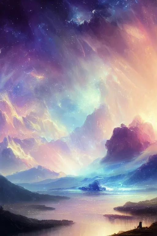 Prompt: A beautiful illustration of a >a colorful nebula kitten galaxy colored Ecru, art by J.M.W. Turner< in the distance landscape surrounded by a lake, hills, blue sky with big clouds by greg rutkowski,borisut chamnan, makoto shinkai and thomas cole, graphic art, anime culture,featured on behance, digital art wallpapers