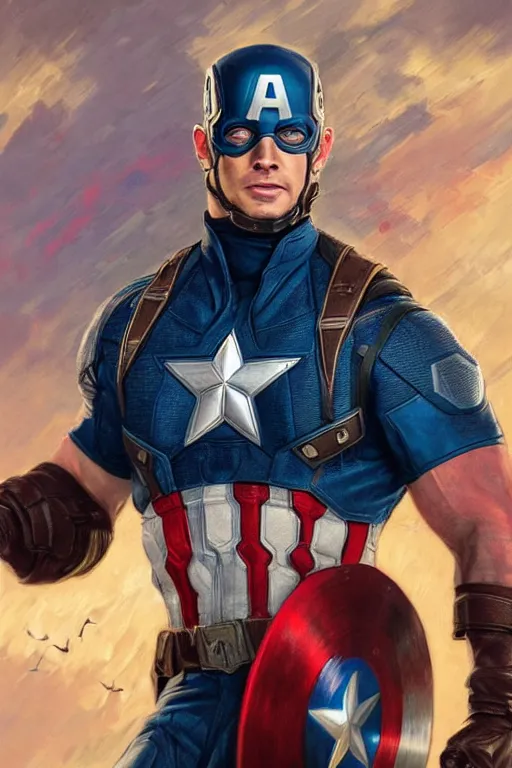 Prompt: chris hemsworth as captain america, highly detailed character in digital fantasy, painted portrait, artstation, concept art, hard focus, illustrations, works by artgerm and greg rutkowski, alphonse mucha and craig mullins, james gene, andrey ryabovichev, mark simonetti and peter morbacher, 1 6 thousand