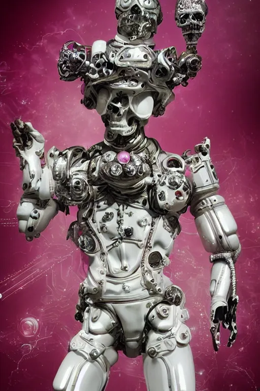 Prompt: full-body rococo and cyberpunk style porcelain and chrome statue of a young attractive Marcelo Mastro android novinho gostoso e dotado falling from the sky, glowing white laser eyes, prince crown of pink gears, diamonds, swirling silver-colored silk fabric. futuristic elements. full-length view. space robots. human skulls. intricate artwork by caravaggio. Trending on artstation, octane render, cinematic lighting from the right, hyper realism, octane render, 8k, depth of field, 3D