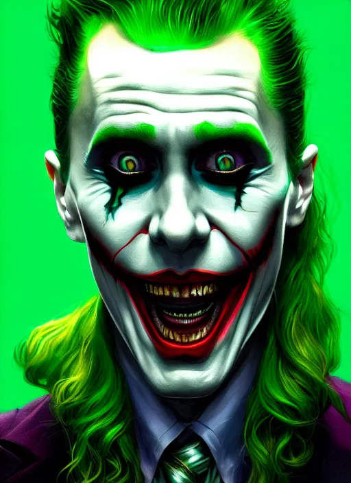 Image similar to portrait of jared leto as the joker, green hair, intricate, elegant, glowing lights, highly detailed, digital painting, artstation, concept art, sharp focus, illustration, art by wlop, mars ravelo and greg rutkowski