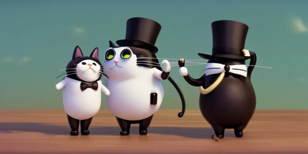 Image similar to a wholesome animation key shot of a cute cat with a monocle and top hat studio ghibli pixar and disney animation sharp render