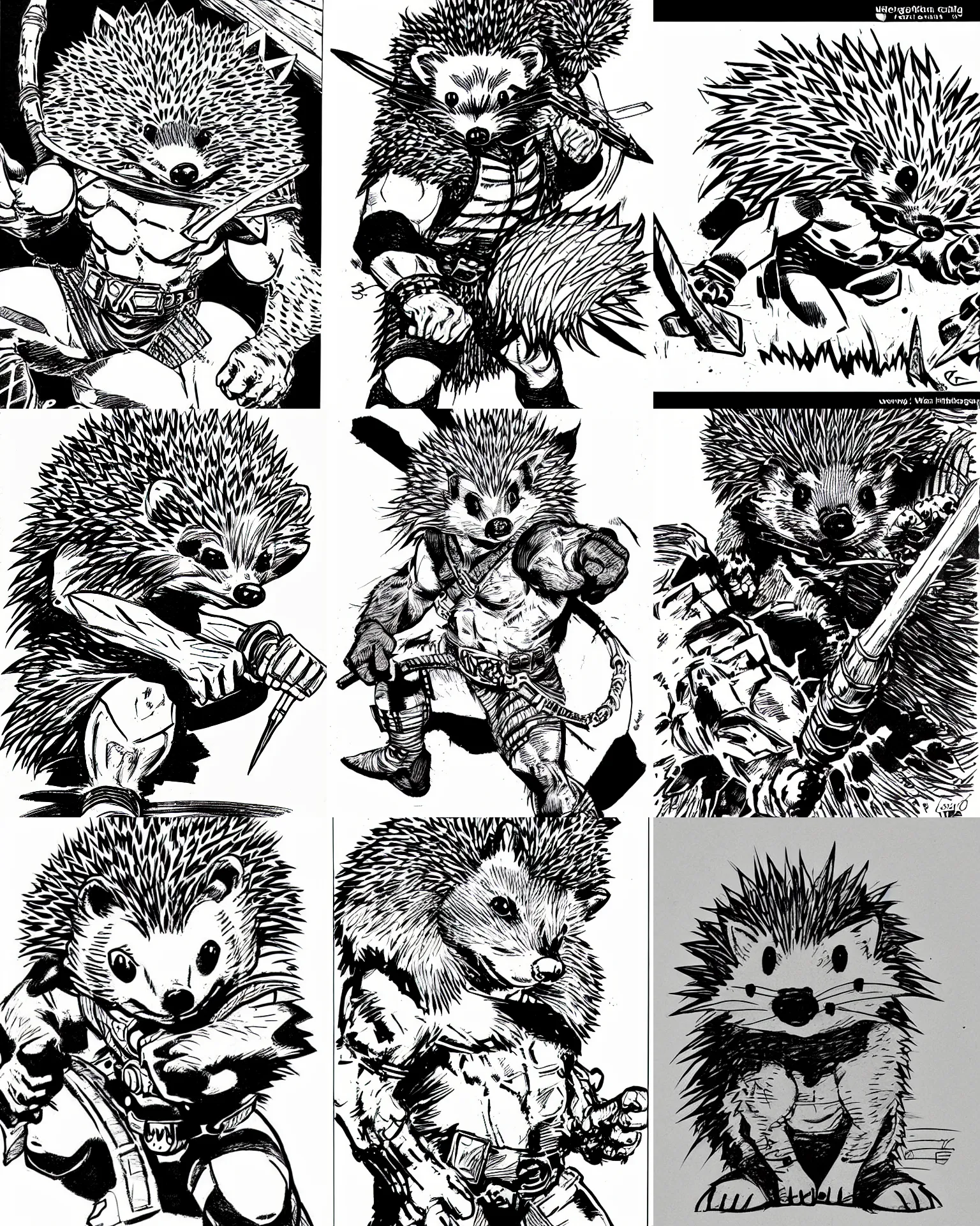 Prompt: hedgehog!!! jim lee!!! medium shot!! flat ink sketch by jim lee close up in the style of jim lee, barbarian comic book hedgehog animal by jim lee