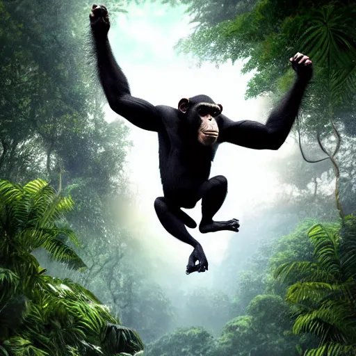 Image similar to Angry Chimpanzee Jumping, Epic Jump, Cinematic Photo, Cinematic Shot, Jungle, Foliage Boris Vallejo, Epic, 8k resolution, ArtStation, Hyperrealistic