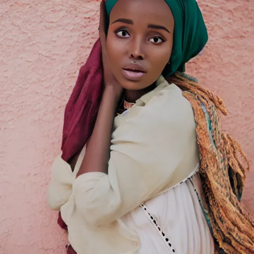 Image similar to studio photography, portrait photo, somalia, vintage, somali woman, beautiful, dreamy, studio ghibli, pastel, highly detailed, happy