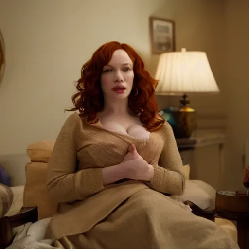 Image similar to amazing beautiful Christina Hendricks with mouth wide open in the living room, film still from the movie directed by Denis Villeneuve , wide lens