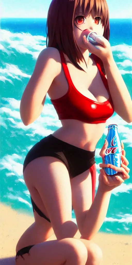 Image similar to full body picture of a girl drinking a coke, highly detailed face, very thirsty, dripping on the body, sharp focus, shiny day beach, extremely beautiful and cute and aesthetic face and body, specular reflection, occlusion shadow, trending on artstation, epic light novel cover art, art by ilya kuvshinov and sakimichan and jeremy lipking