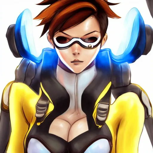 Image similar to tracer from overwatch r 3 4 h e n t a i, trending on pixiv