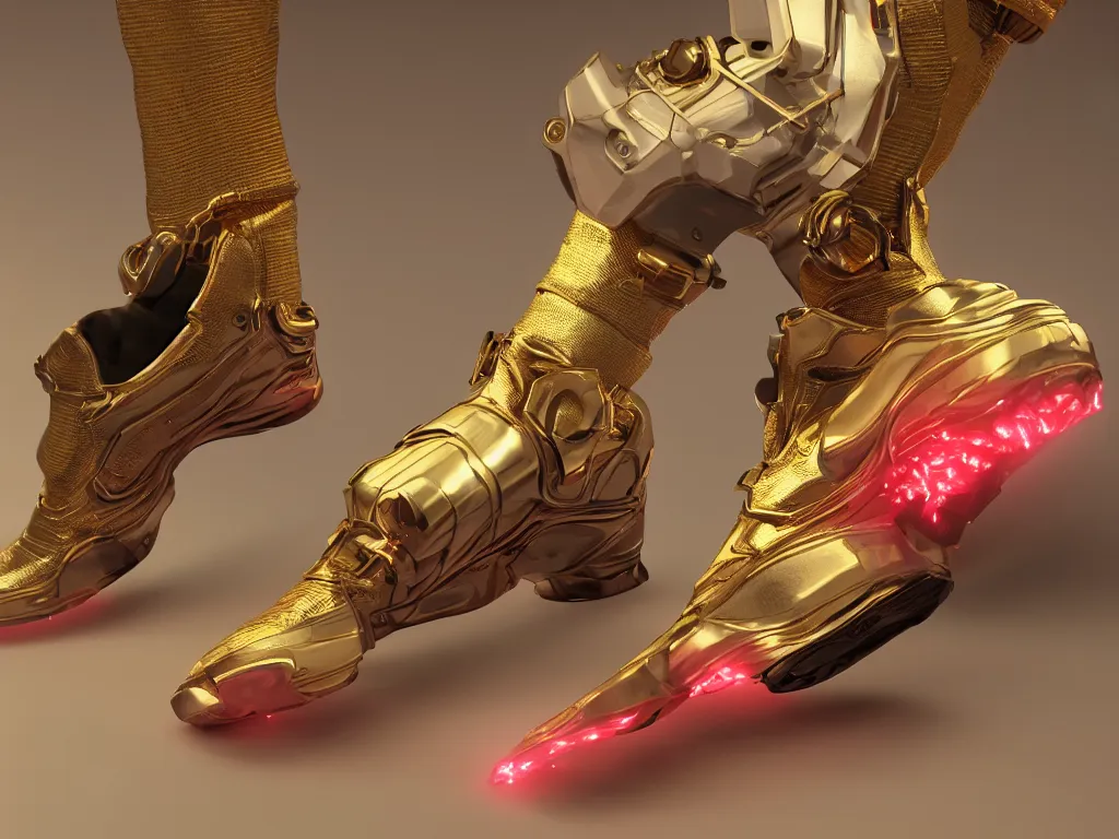 Prompt: realistic 3 d render of a cyberpunk android foot wearing sneakers, beautiful studio lighting, soft, sharp focus, neon cyberpunk highlights, intricate detail, gold and red accents, soft rubber, octane render, side view, close up, trending on artstation, deviantart
