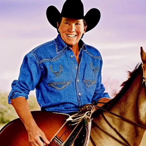 Prompt: george strait riding a horse holding his acoustic guitar,