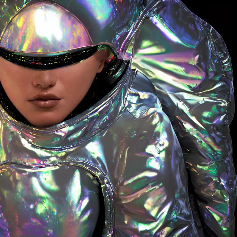 Prompt: octane render portrait by wayne barlow and carlo crivelli and glenn fabry, subject is a woman covered colorful skintight aluminum foil space suit with a iridescent metallic space helmet, inside a dark and moody cinema with projected light, cinema 4 d, ray traced lighting, very short depth of field, bokeh