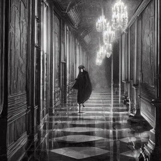 Prompt: a beautiful victorian woman is frightened by her doppleganger in a mirror. she is in a long hallway of mirrors. victorian interior, with many mirrors, twins, elegant design, haunting atmosphere, dark lighting, gothic, horror style, scary, swirling fog, volumetric lighting, by greg rutkowski, realistic, dutch angle, 3 / 4 view.