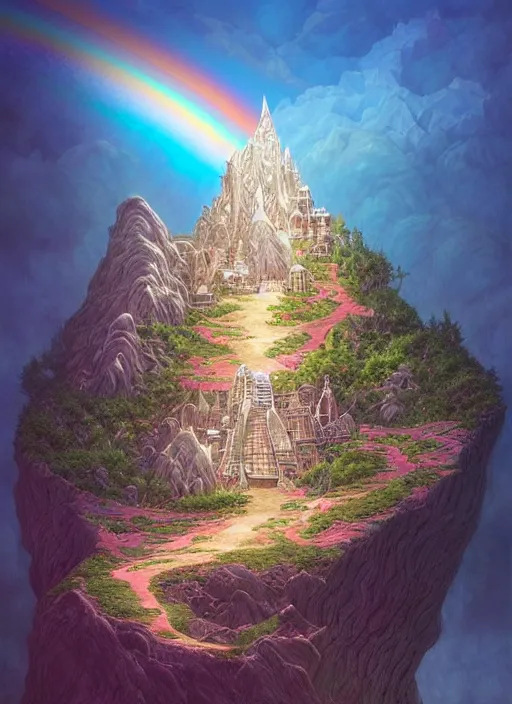 Prompt: artgerm and moebius and annie liebovitz, marvel comics, photorealistic, highly detailed, trending on artstation, Gediminas Pranckevicius a gorgeous mountain with mysterious temple on top , insane bright color ripples the scene with rainbows, woman with very long hip-length blonde hair, happy sunny day, wearing a cut-off white top and red dirt cut-off shorts standing by the water, beach tennis, modern architecture, in the style of