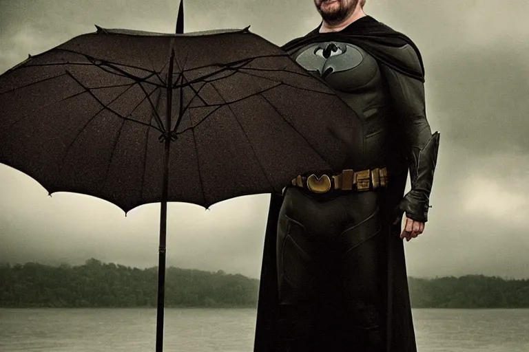 Image similar to a cinematic painting of ricky gervais as batman near a lake on a rainy day, beautiful lighting, high depth, ultra realistic, artistic, by annie leibovitz