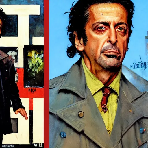 Image similar to full body and head portrait of al pacino in tattered suit and trench coat, dynamic action, painted by norman rockwell and phil hale and greg staples and tom lovell and frank schoonover and jack kirby