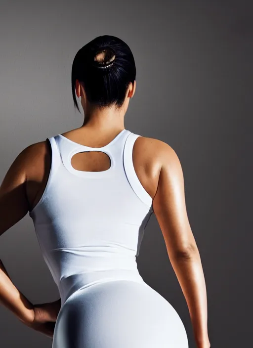 Image similar to kim kardashian, centered full body rear-shot, pov from rear, in white sportswear, real photo, photoshooting, studio light, dublin city ireland background, intricate, epic lighting, cinematic composition, hyper realistic, 8k resolution, unreal engine 5