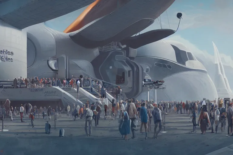 Prompt: close up view of last people on earth waiting to board the futuristic space shuttle in background, highly detailed, digital painting, artstation, concept art, smooth, sharp focus, illustration, art by mike winklemann and matt schu