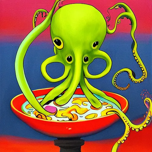 Image similar to occult anthropomorphic octopus chef cooking a delicious colorful soup, digital paintingl