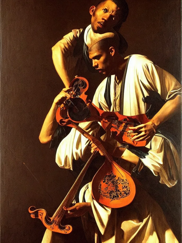 Image similar to a masterpiece portrait of stromae as a bard with a mandolin by caravaggio, epic composition, epic light, exquisite details, dark mood,