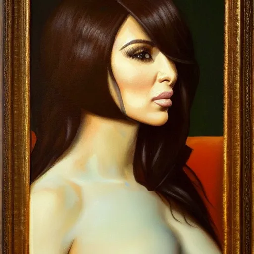 Prompt: a beautiful painting of kim kardashian west painted by john collier