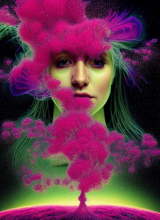 Image similar to hyper detailed 3d render like a painting - Aurora (Singer) seen Eating of the Strangling network of yellowcake aerochrome and milky Fruit and Her delicate Hands hold of gossamer polyp blossoms bring iridescent sloppy fungal flowers whose spores black the foolish stars by Jacek Yerka, Mariusz Lewandowski, Houdini algorithmic generative render, Abstract brush strokes, Masterpiece, Edward Hopper and James Gilleard, Zdzislaw Beksinski, Mark Ryden, Wolfgang Lettl, hints of Yayoi Kasuma, octane render, 8k