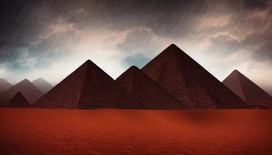 Image similar to rainy cloudy dark moody desert landscape scene with large mysterious detailed desert pyramids, fantasy, ambient, vaporwave, retro, surrealism, volumetric lighting, digital art, pixel sorting, trending on artstation