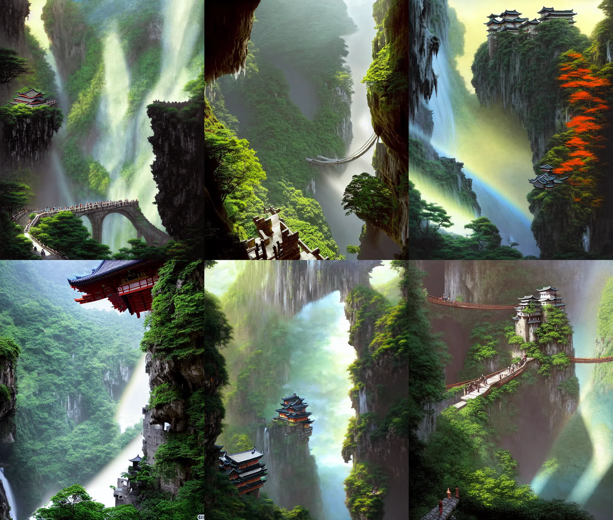 Prompt: establishing wide shot inside han son doong with waterfalls on either side of the cliff walls, at the top of the cliff is a japanese castle, a cloister is built into the cliff walls, an old suspension bridge spans the walls, sunny morning light, sunbeam, saturated colors, fantasy lighting, detailed digital concept art by greg rutkowski and gerald brom and james gurney