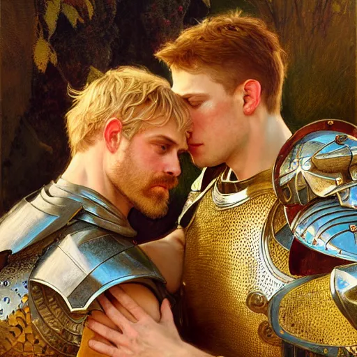 Image similar to attractive arthur pendragon and his attractive male knight, they are in love, natural lighting, path traced, highly detailed, high quality, digital painting, by gaston bussiere, craig mullins, alphonse mucha j. c. leyendecker