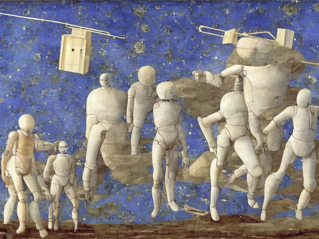 Image similar to giant white beekeeper suit mech piloted from the forehead by devil. lapis - lazuli. painting by piero della francesca, bosch, moebius