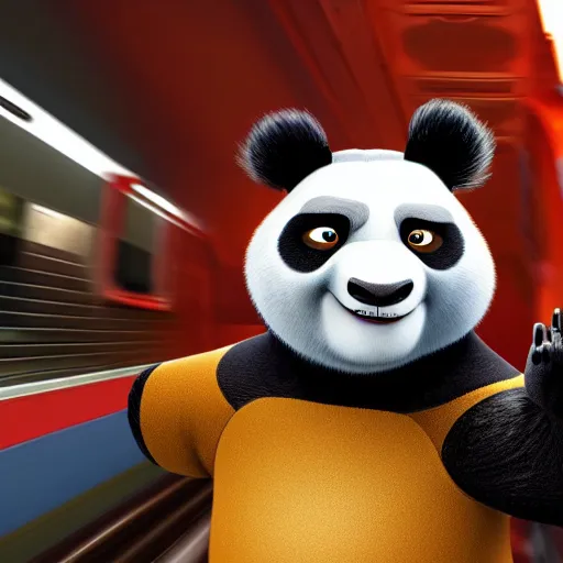 Prompt: kungfu panda travelling in Mumbai local train. Hyper detailed, realistic, 8k, 4k.