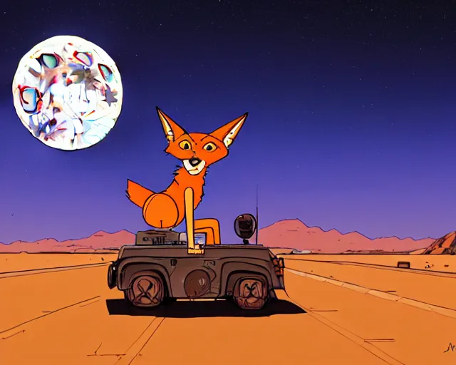 Prompt: a study of cell shaded cartoon of a six legged mechanical coyote on a desert road, in front of a big moon illustration, wide shot, subtle colors, post grunge, concept art by josan gonzales and wlop, david rubin, mike mignola, laurie greasley, highly detailed, sharp focus, trending on artstation, hq, deviantart, art by artgem
