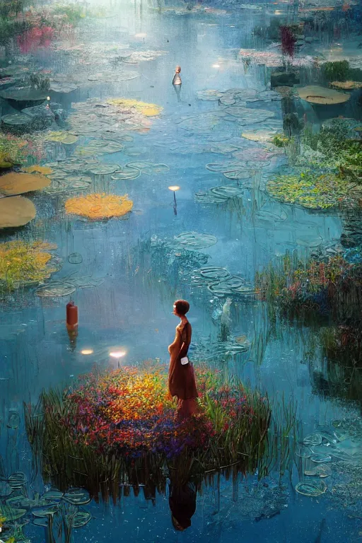 Image similar to nenufar in a pond, colorful, blue backgroung,clean, joyful, intricate, elegant, volumetric lighting, digital painting, highly detailed, artstation, sharp focus, illustration, concept art, ruan jia, steve mccurry