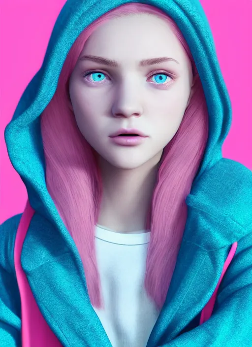 Prompt: concept art for the main character in the award winning film named life is better in pink. the character is a unnaturally beautiful teenage girl with deep blue eyes and pink dyed hair, wearing a bright pink hoodie and light pink jeans. cg render, high key lighting, trending on art station, vibrant colors.