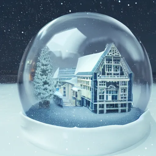 Image similar to a snow globe with a building in it, a computer rendering by leandro erlich, trending on cgsociety, retrofuturism, tesseract, isometric, physically based rendering