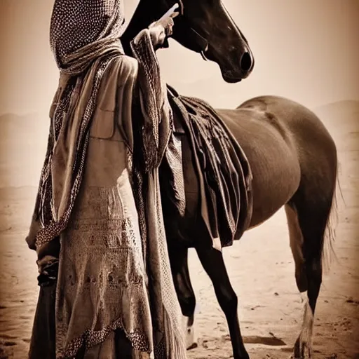 Image similar to beautiful burqa's woman, ride horse in saharan, dress like taliban, sharp eyes, detailed face, white skin, beautiful tatted hands, riffle on chest, detailed horse, detailed sit position, dust, cinematic, dynamic pose, pinterest