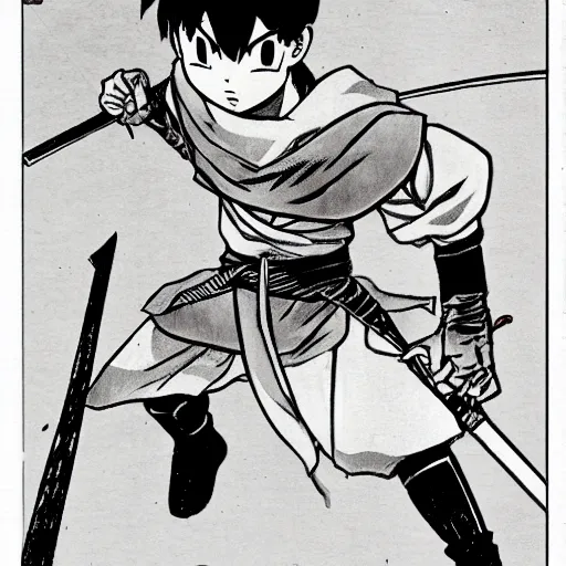 Prompt: young swordsman, illustrated by mato and ken sugimori and akira toriyama, manga, black and white illustration