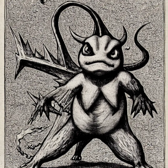 Image similar to charmander, as a demon from the dictionarre infernal, pen - and - ink illustration, etching by louis le breton, 1 8 6 9, 1 2 0 0 dpi scan, ultrasharp detail, hq scan, intricate details, stylized border