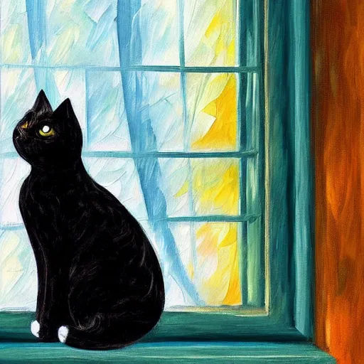 Image similar to peaceful dreamy painting of a content black cat sitting by a window, sunshine coming through the window, small plants on the window sill, 4k resolution, highly detailed, by Leonid Afremov