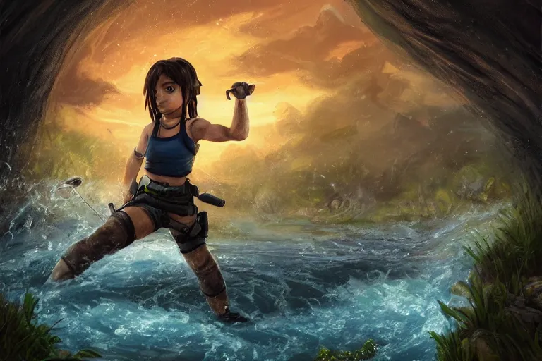 Image similar to wide shot of exhausted Chibi Lara Croft climbing out of a roaring ancient river, fireflies by Lilia Alvarado