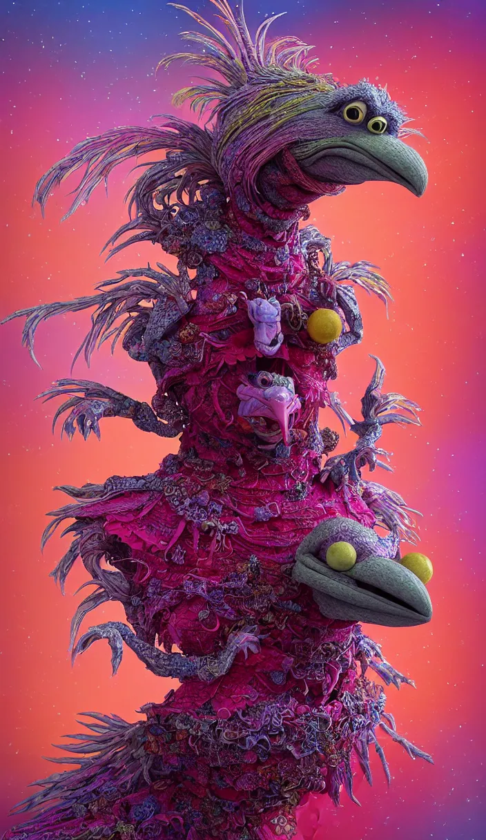 Image similar to hyper detailed 3d render like a Oil painting - kawaii portrait of solitary Aurora (a beautiful skeksis muppet fae queen from dark crystal that looks like Anya Taylor-Joy) seen red carpet photoshoot in UVIVF posing in scaly dress to Eat of the Strangling network of yellowcake aerochrome and milky Fruit and His delicate Hands hold of gossamer polyp blossoms bring iridescent fungal flowers whose spores black the foolish stars by Jacek Yerka, Ilya Kuvshinov, Mariusz Lewandowski, Houdini algorithmic generative render, Abstract brush strokes, Masterpiece, Edward Hopper and James Gilleard, Zdzislaw Beksinski, Mark Ryden, Wolfgang Lettl, hints of Yayoi Kasuma and Dr. Seuss, octane render, 8k