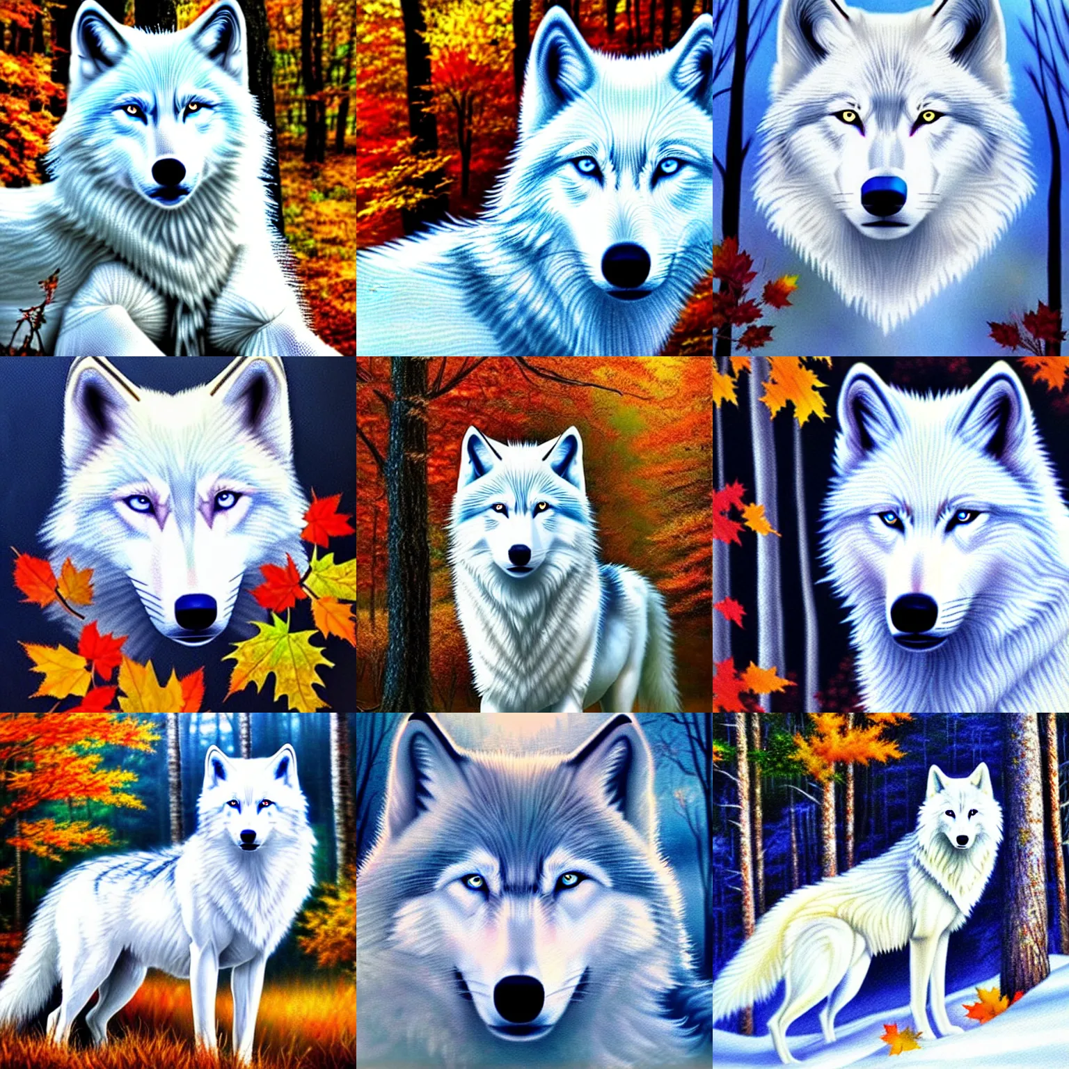 Prompt: white wolf with blue eyes, in the autumn forest, realistic, 8 к