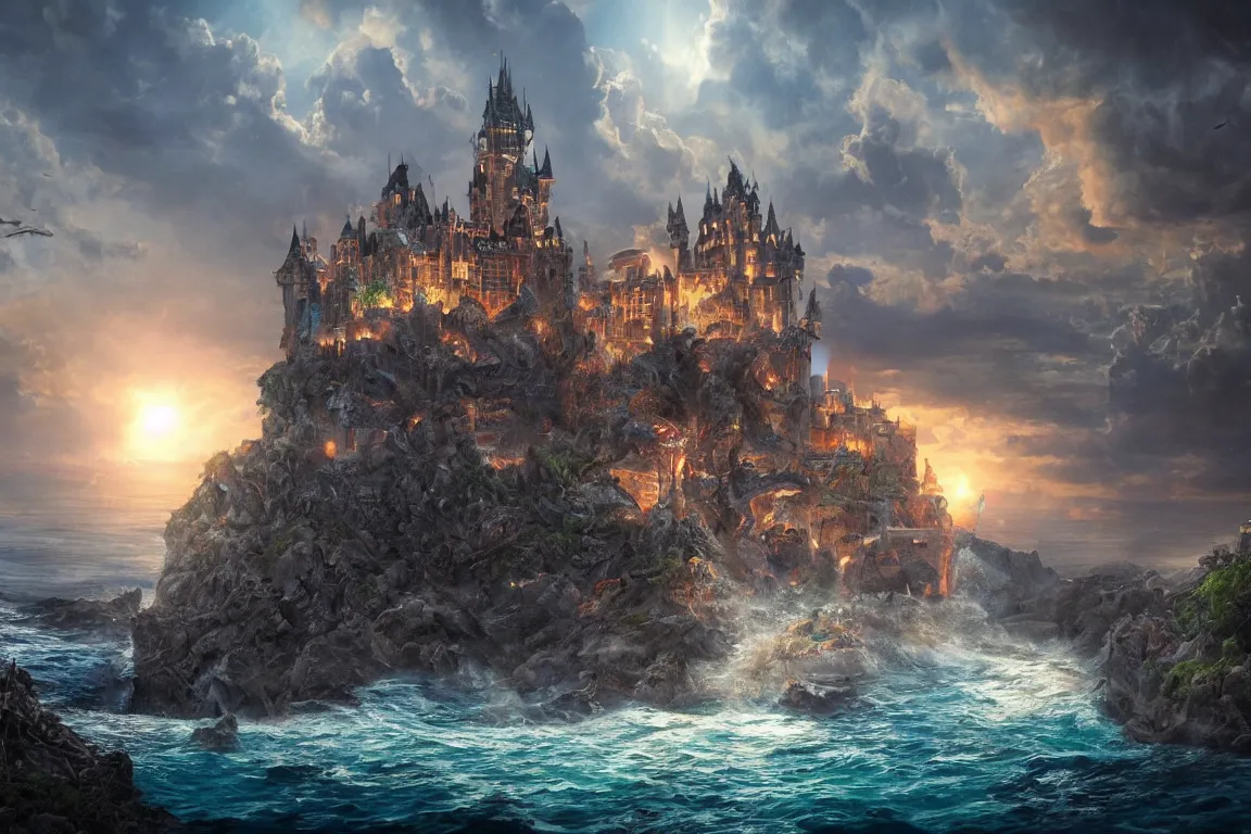 Prompt: an epic fantastic realism painting of a castle city being devoured by the ocean's beasts, 8 k, ultra realistic, lens flare, atmosphere, glow, detailed, intricate, full of colour, cinematic lighting, trending on artstation, 4 k, hyperrealistic, focused, extreme details, unreal engine 5, cinematic, masterpiece