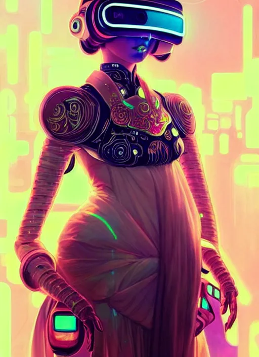 Prompt: portrait of female japanese android wearing a vr headgear and in an elaborate kimono dress, hologram hovering around her, intricate detail, cyber neon lighting, highly detailed, beautiful wide angle photography, artstation, glamor pose, concept art, art by peter mohrbacher, pinterest, artstation,