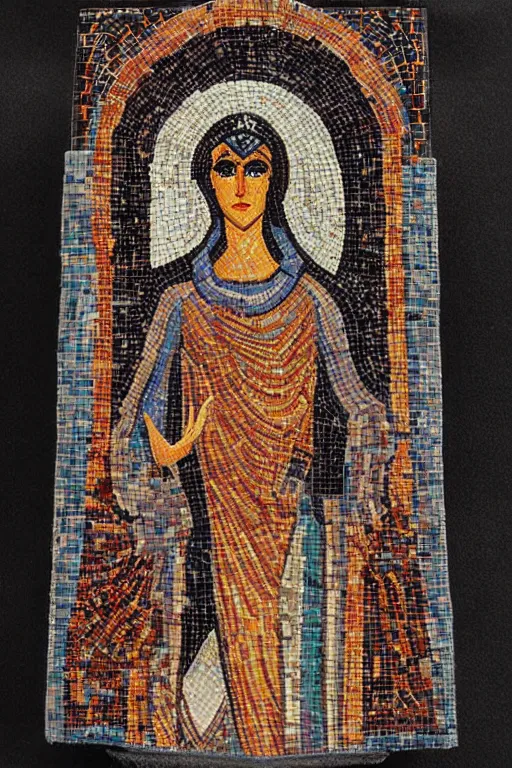 Prompt: Byzantine cyberpunk goddess, symmetrical, mosaic, felt