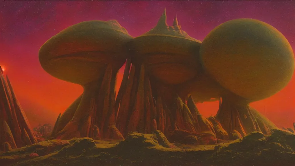 Prompt: mysterious sculpture of an alien civilization by paul lehr and john schoenherr, cinematic matte painting