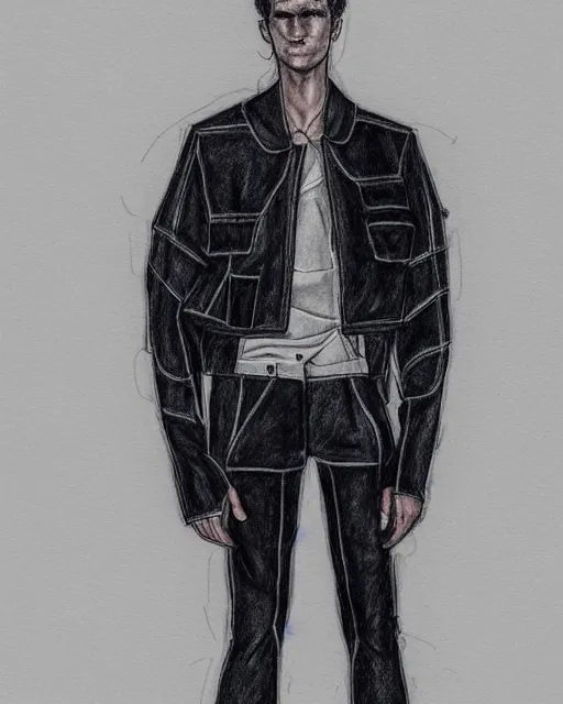 Prompt: rough marker sketch of a male model wearing a cropped baggy menswear moto jacket by alexander mcqueen, 4 k, astonishing detail, studio lighting, wide angle lens