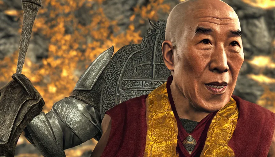 Image similar to skyrim character screenshot of the dalai lama, enb, 4 k, bokeh, beautiful, detailed